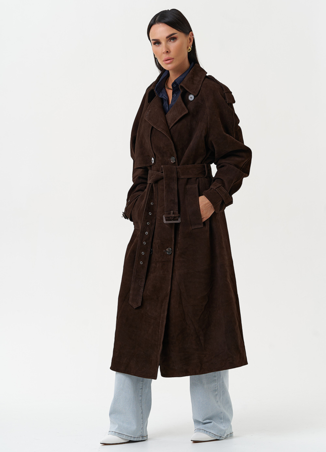 Длинный плащ из натуральной замши коричневого цвета модель № 31192 в рассрочку
