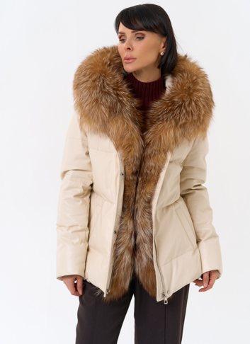 Женский пуховик из эко кожи с отделкой из натуральной лисы