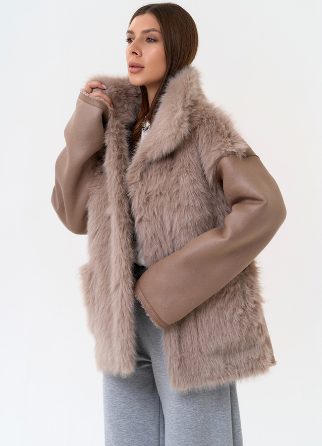 Женская дубленка из эко замши с отделкой из эко меха модель № 31325 в рассрочку