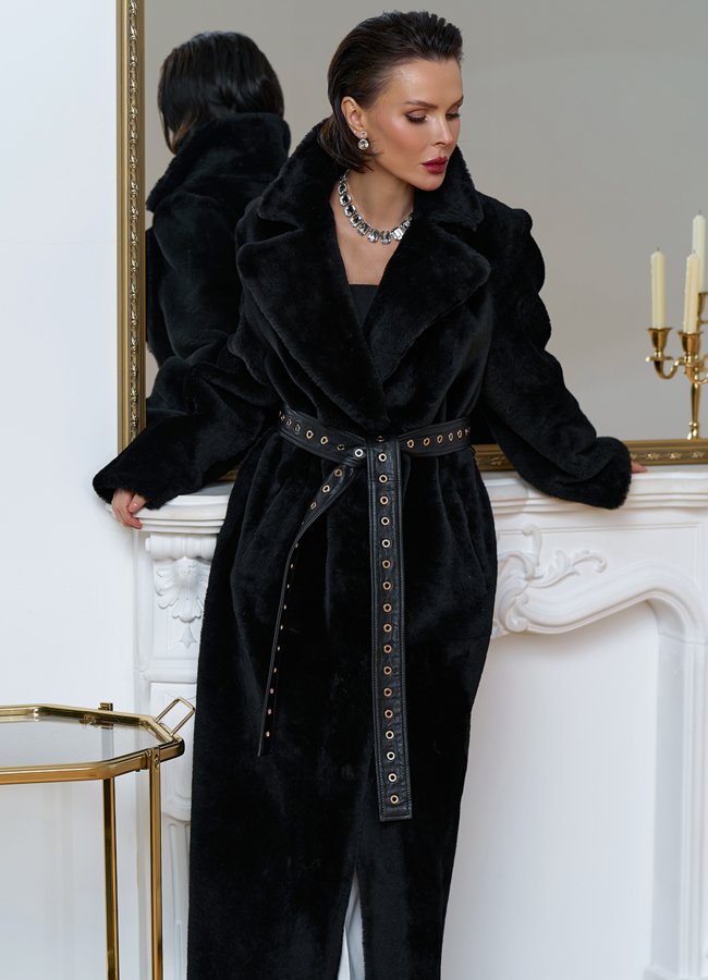 Женская натуральная дубленка с двойным поясом модель № 31612 в рассрочку