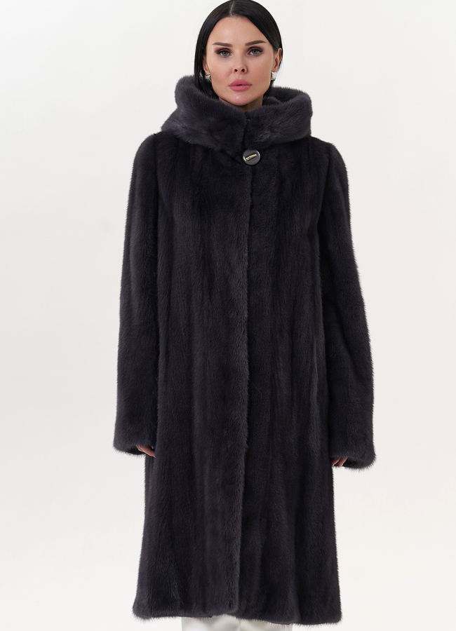 фото Шуба из норки классическая с капюшоном цвете графит модель № 24816
