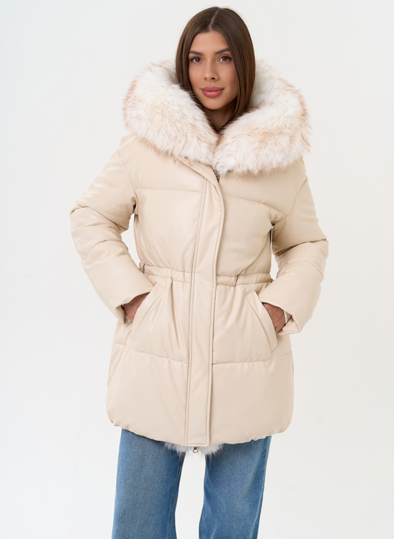 Женский пуховик из эко кожи с отделкой из эко меха