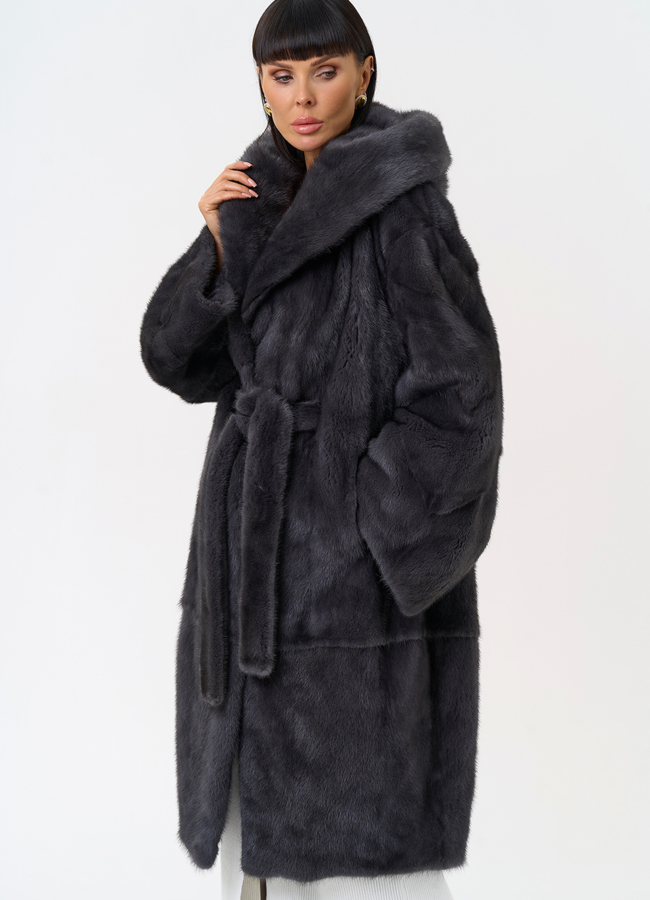Женская шуба из меха норки с капюшоном  модель № 30673 в рассрочку