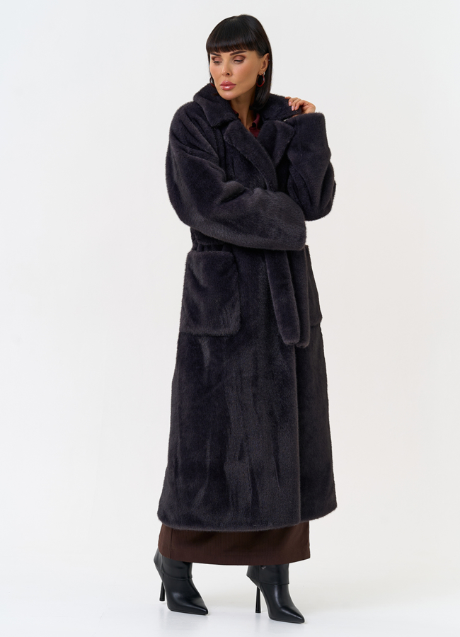 Женское пальто из эко меха с поясом модель № 31500 в кредит