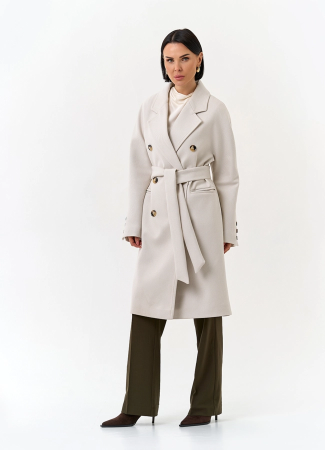 Светлое женское пальто с поясом модель № 32818 универмаг малина