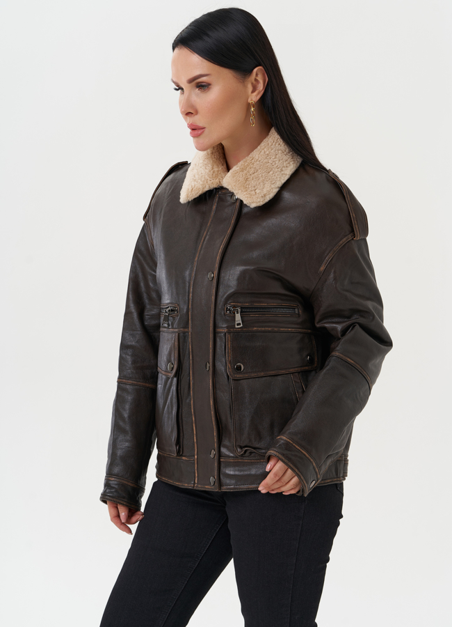 Кожаная куртка-пилот  модель № 28112 универмаг малина