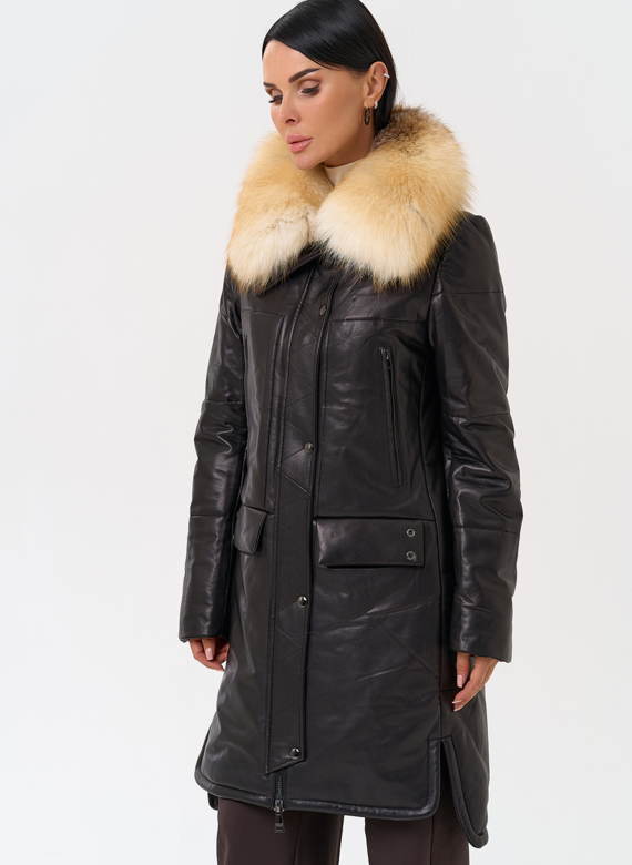 Кожаный пуховик с воротником из лисы