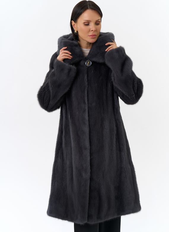 Норковая шуба годе/балетка в роспуск с капюшоном цвета графит