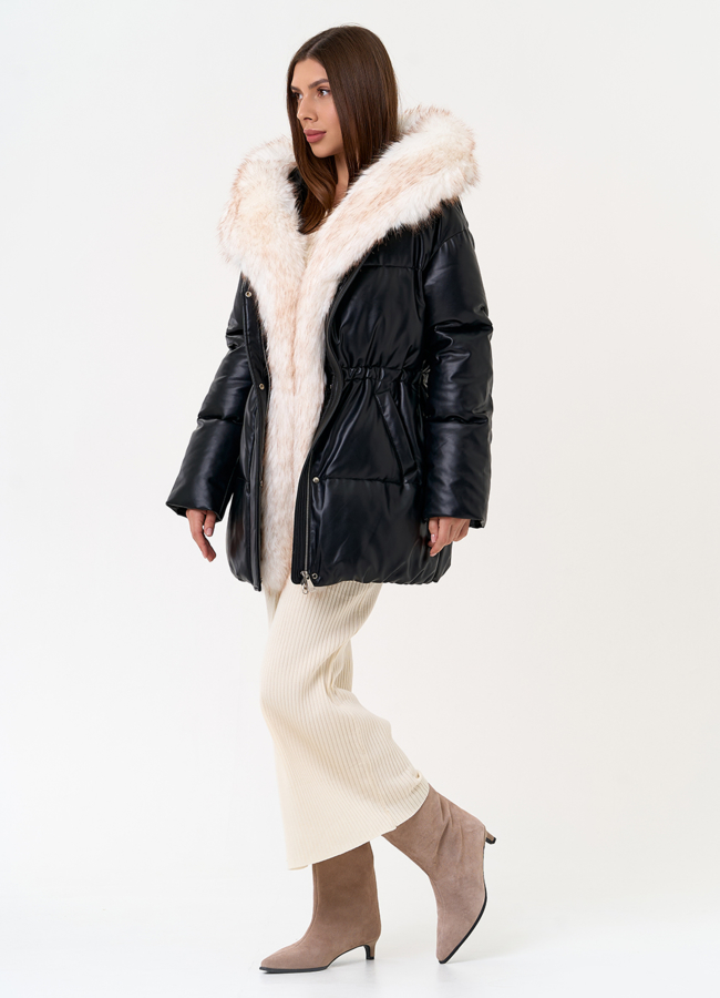 Женский пуховик из эко кожи с отделкой из эко меха модель № 30734 универмаг малина