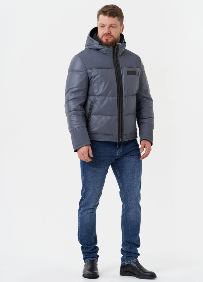 Пуховик из натуральной кожи с капюшоном модель № 28578 универмаг малина фото