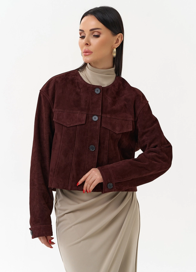 Куртка из натуральной замши  модель № 30092 меха малина