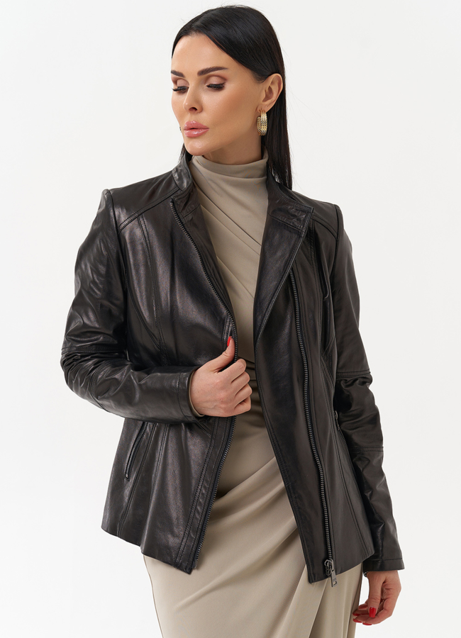 Куртка кожаная черного цвета модель № 18228 универмаг малина