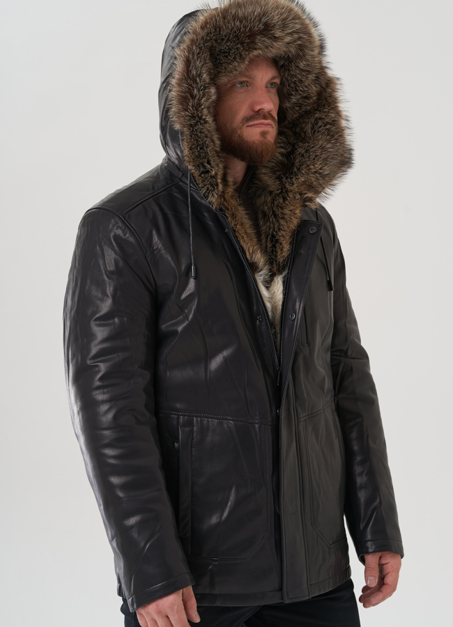 Мужская куртка с капюшоном на мехе из волка модель № 82262 универмаг малина