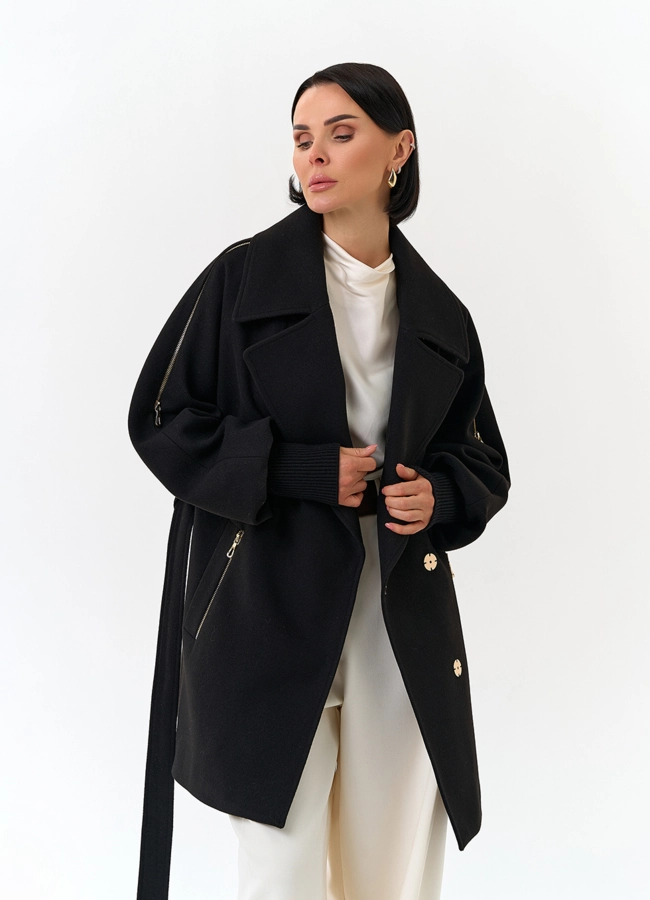 Женское укороченное пальто с декоративными молниями модель № 32805 универмаг малина