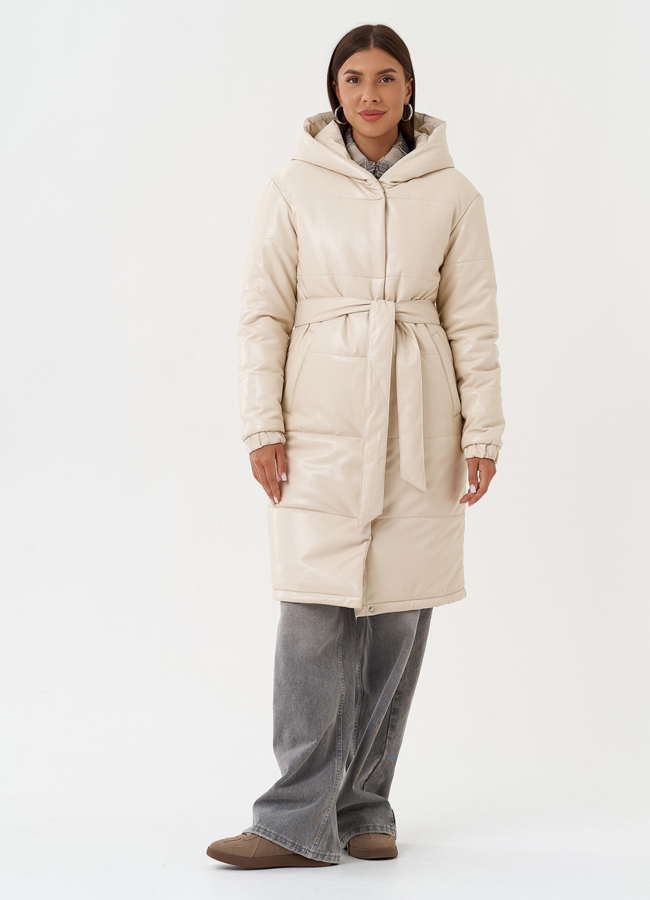 Пуховик из эко кожи с капюшоном модель № 27702 меха малина