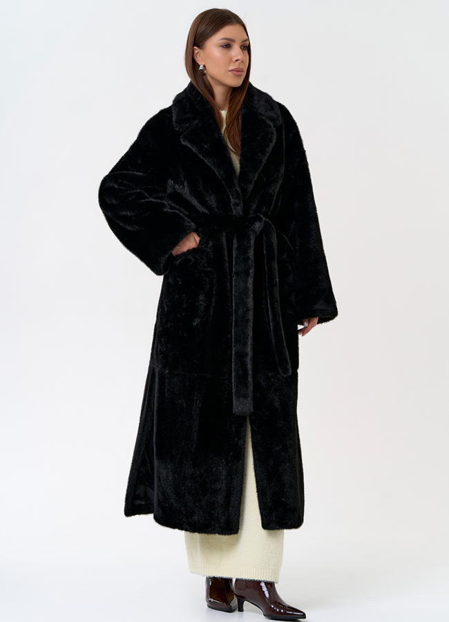 Длинное женское пальто из эко меха с английским воротником модель № 31220 в кредит