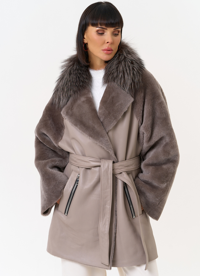 Женская натуральная дубленка с воротником из меха лисы модель № 31611 универмаг малина