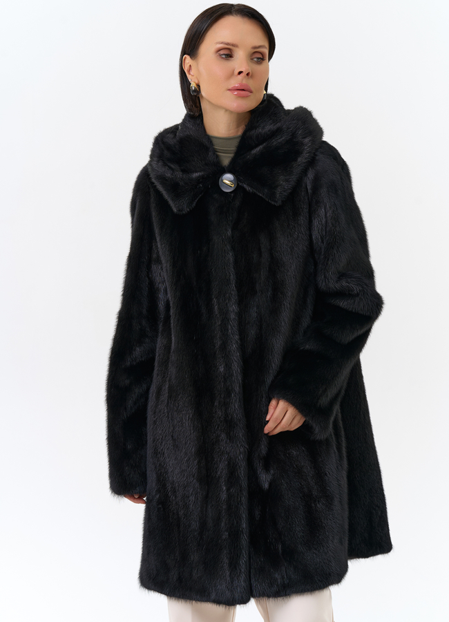 Шуба из норки с капюшоном черного цвета модель № 27662 меха малина