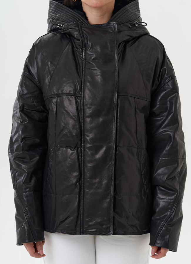 Утепленная куртка из натуральной кожи с капюшоном модель № 28111 универмаг малина