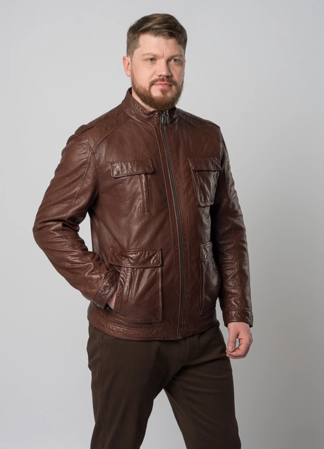 Мужская кожаная куртка коричневого цвета модель № W8055 универмаг малина