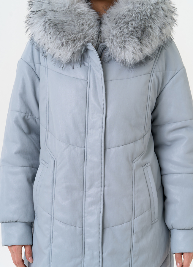 Женский пуховик из эко кожи с отделкой из эко меха модель № 30720 универмаг малина