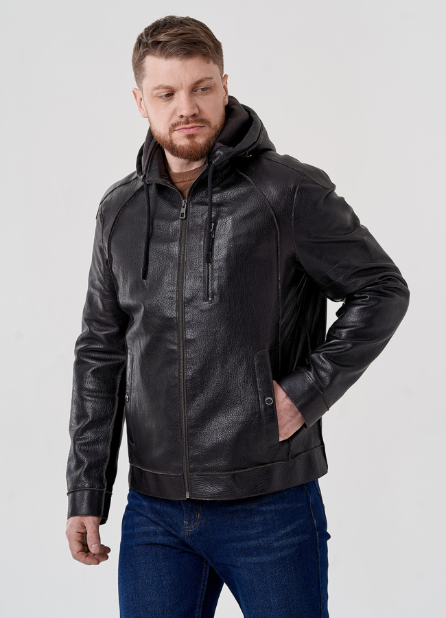 Мужская кожаная куртка с капюшоном модель № 24388 меха малина